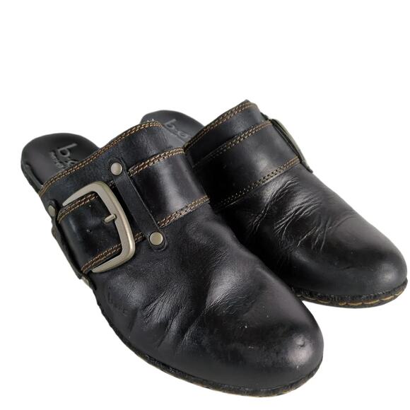 Born BOC Women's 7 Black Leather Slip-On Heeled Mules Clogs Shoes Buckle Boho - Picture 2 of 10